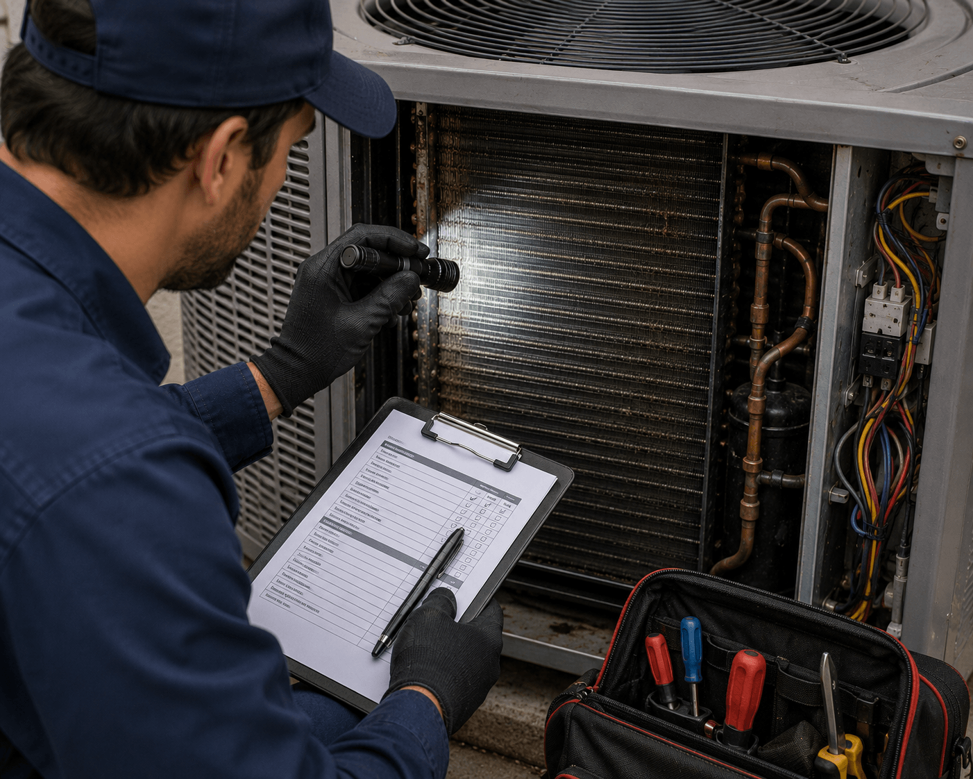 HVAC technician performing a detailed inspection of AC coils, airflow pathways, and system condition