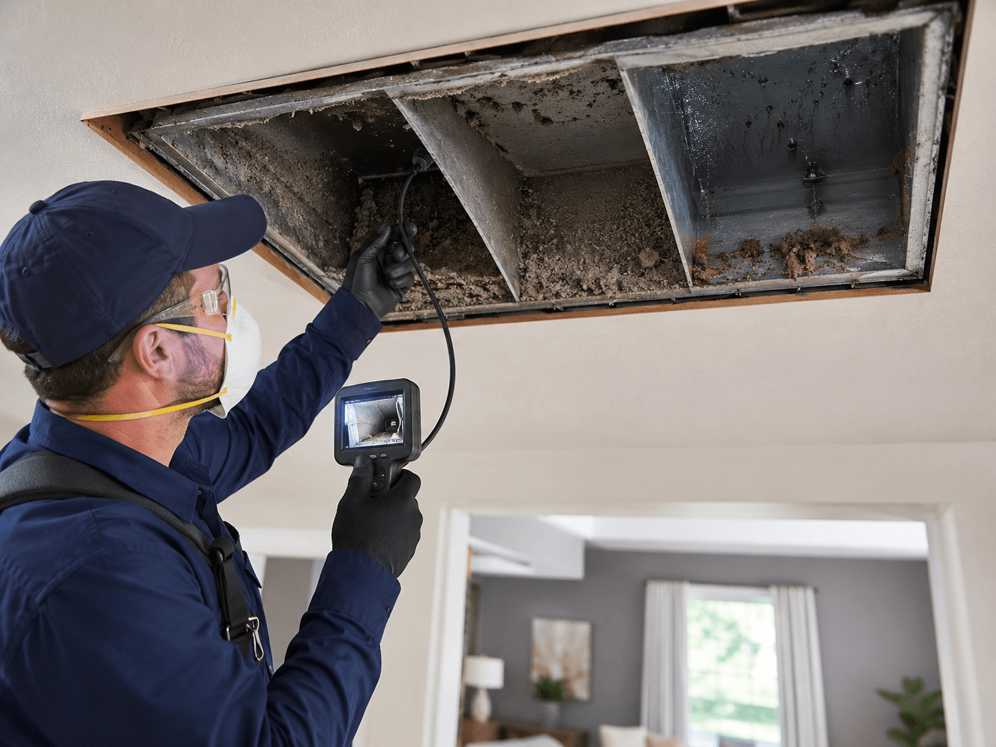 HVAC technician inspecting contamination inside a dusty air duct