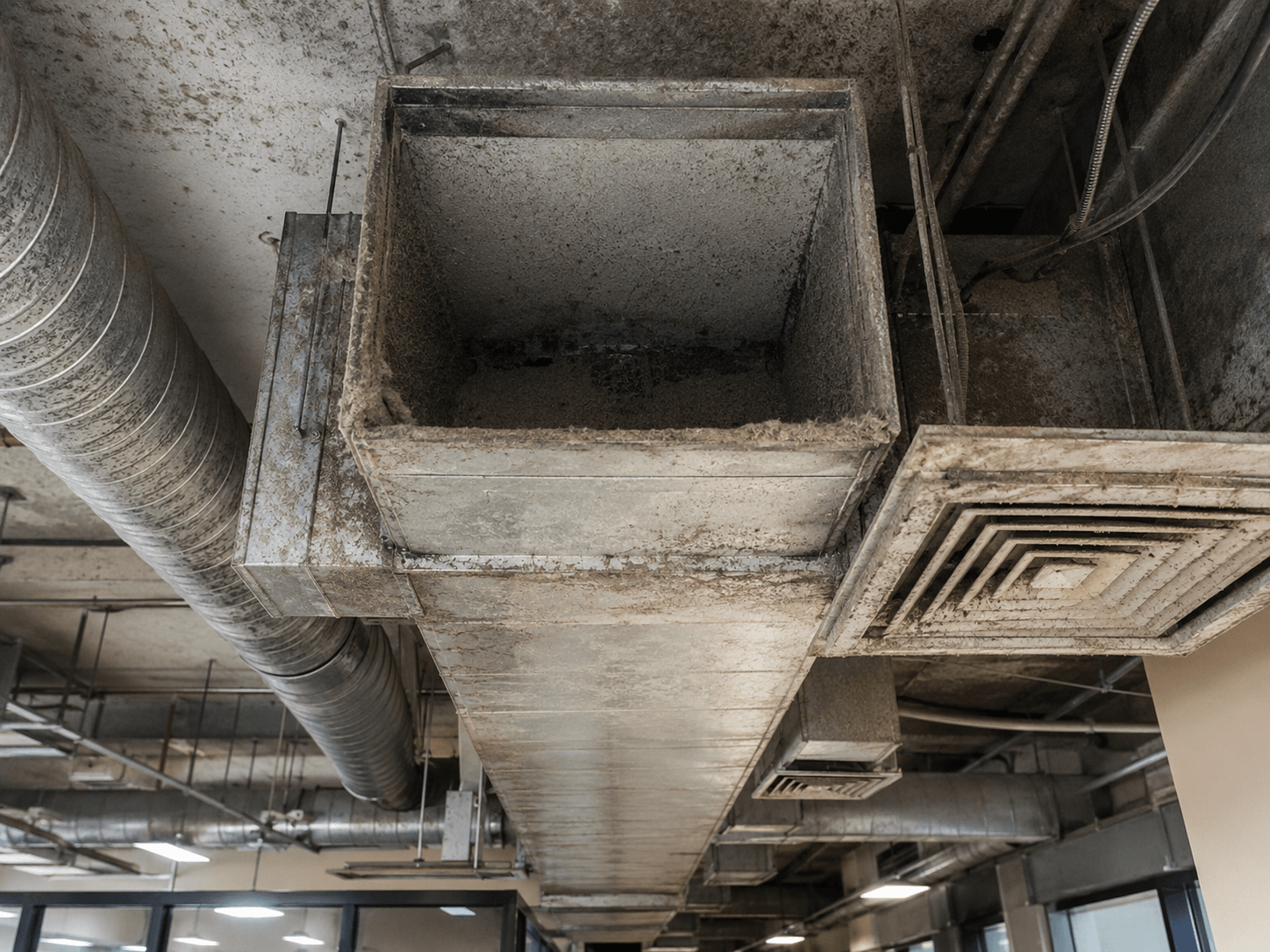 Dirty commercial air duct system before cleaning by Kemah Air Duct Cleaning Texas