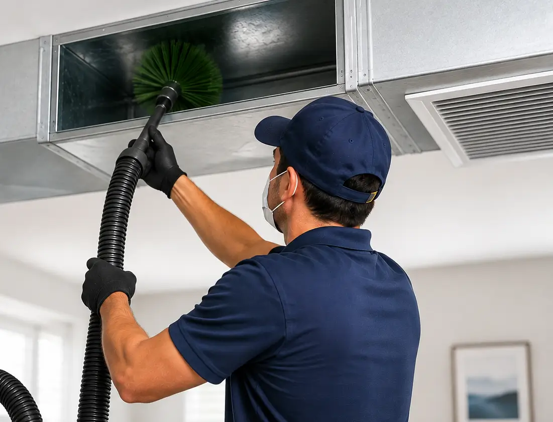 Kemah air duct cleaning technician using a rotary brush and HEPA collection equipment to remove debris from metal ductwork