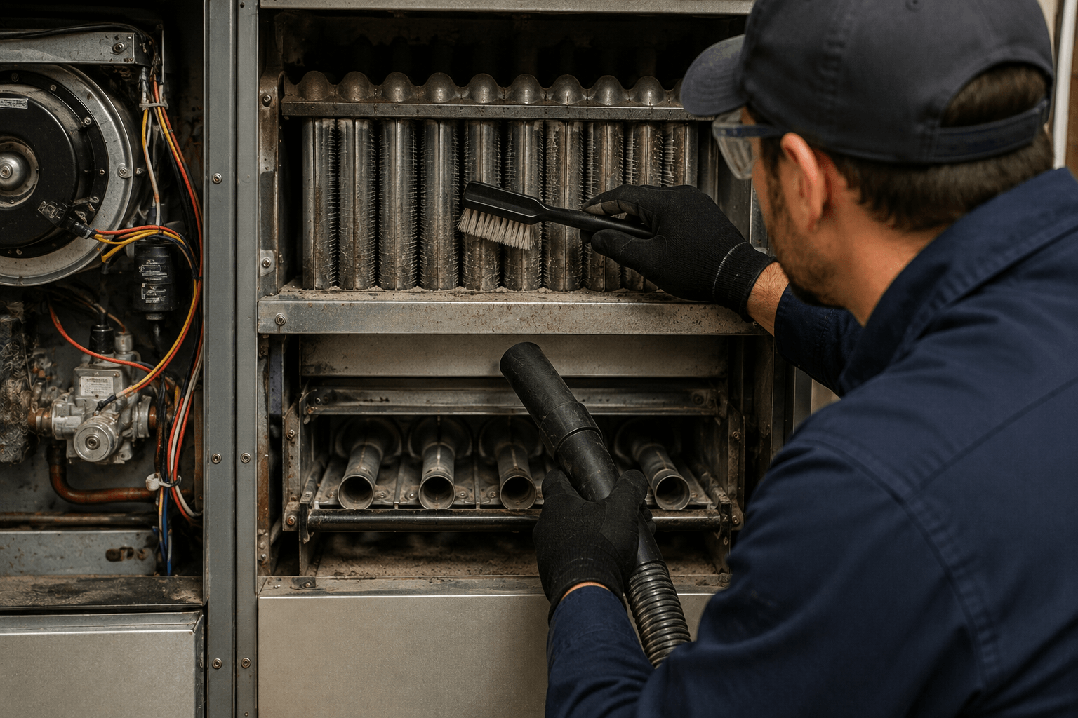 HVAC technician cleaning furnace heat exchanger surfaces to improve heating efficiency