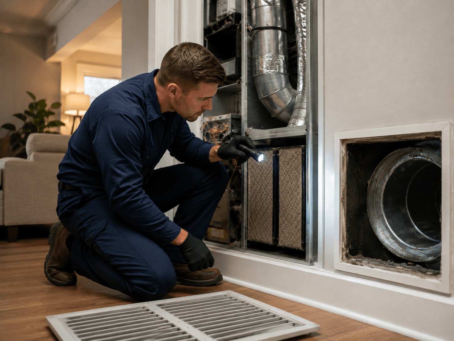 Kemah Air Duct Cleaning technician inspecting a residential HVAC system and ductwork before cleaning