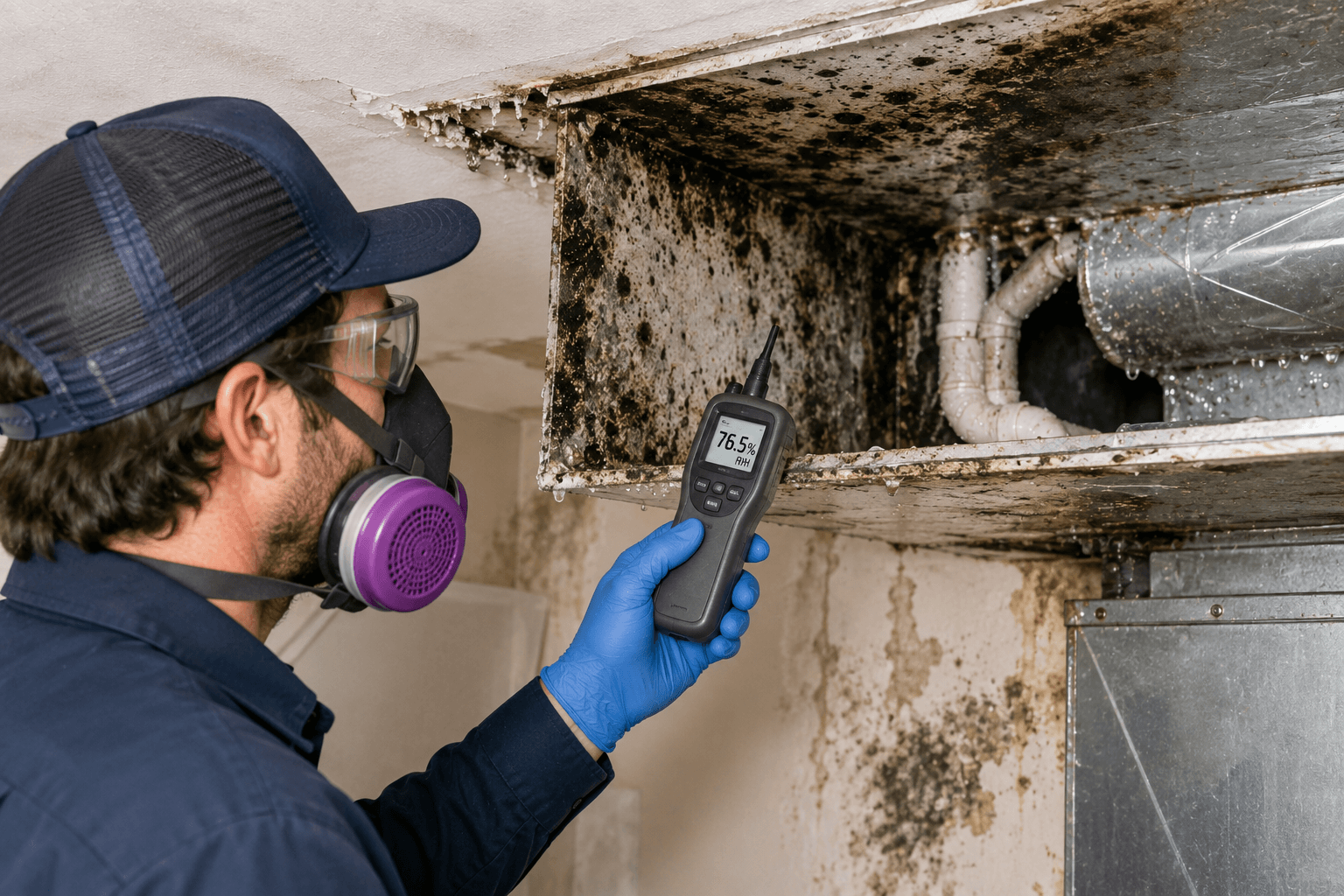 Technician inspecting moisture and mold contamination around HVAC ductwork