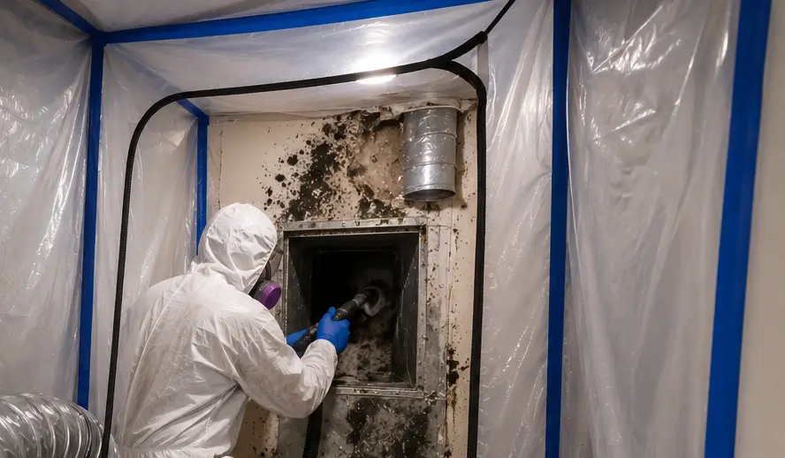 Technician performing mold remediation inside a contained work area with HEPA filtration equipment